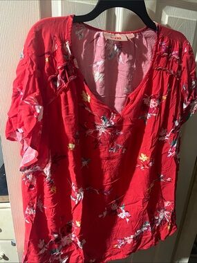 EVRI Bright Red Floral V-Neck Flutter Sleeve Top
